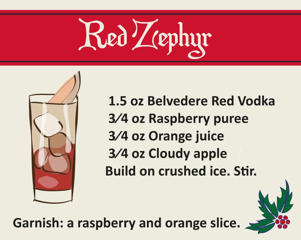 45ml/ 1.5 oz (BELVEDERE) RED 25ml/ 3⁄4 oz Raspberry puree 25ml/ 3⁄4 oz Orange juice 25ml/ 3⁄4 oz Cloudy apple 1. Build on crushed ice. 2. Stir. 3. Garnish with a raspberry and orange slice. 4. Enjoy.