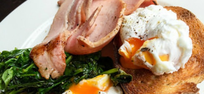 poached eggs and bacon breakfast - Bake Off Judges