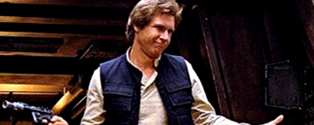 Actors Harrison Ford playing the role of Hans Solo in the world famous Star Wars franchise.